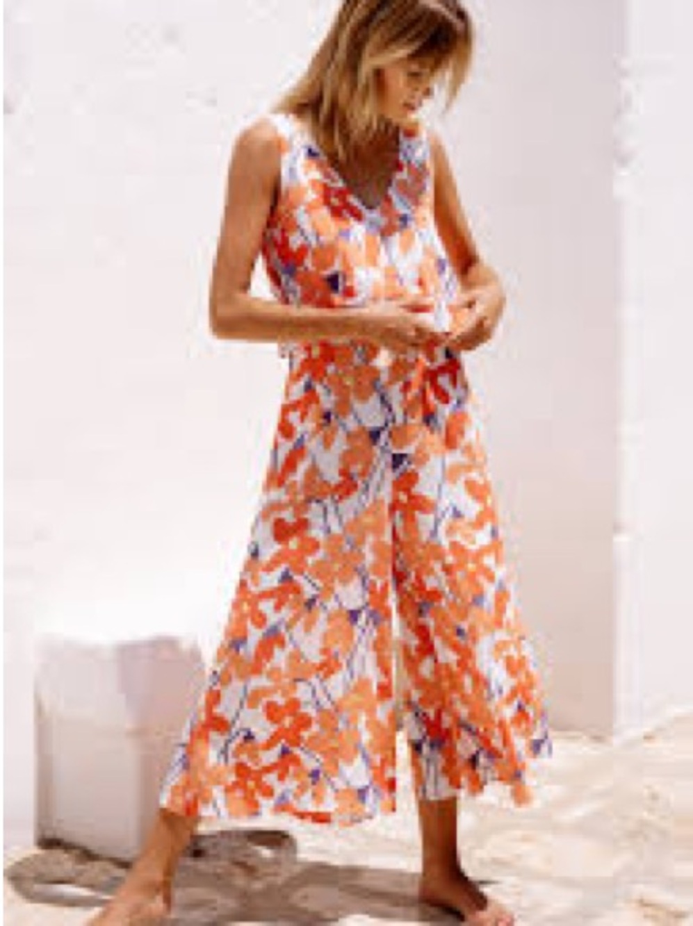 Mister Zimi Orange Floral V-Neck Wide-Leg Jumpsuit